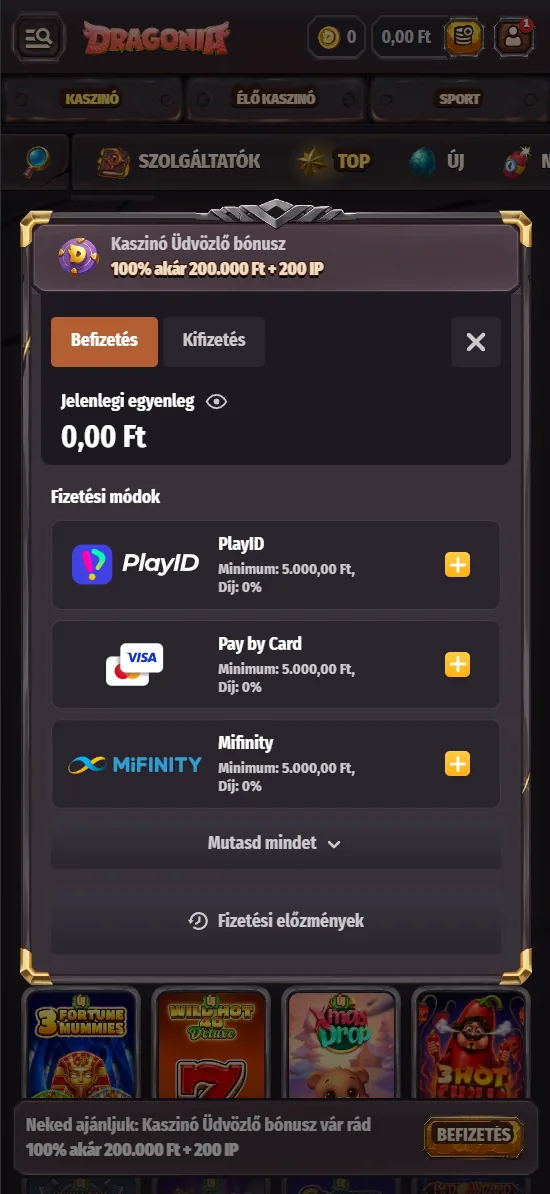 Dragonia befizetési oldal mobilon