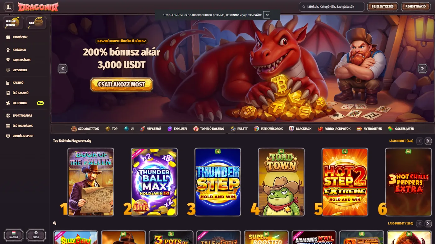 Dragonia Casino kezelőfelület – asztali nézet
