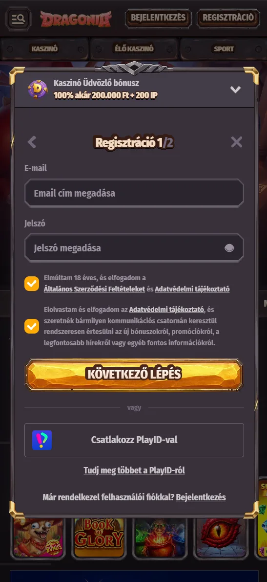 Dragonia regisztráció mobilon
